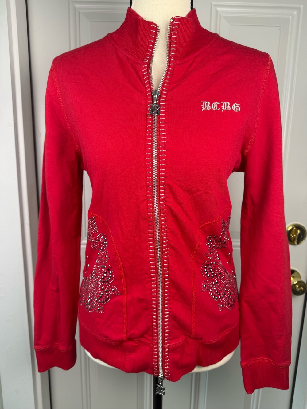 BCBGMaxAzria Red Embellished Zip-Front Bomber Jacket
